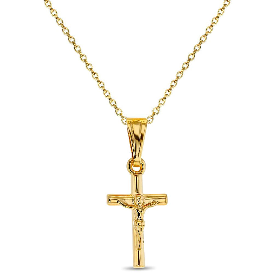 In Season Jewelry Jesus Crucifix Gold Necklace - Small Catholic Kids Cross Necklace for Girls & Boys - 16 Inch Chain Child-Sized Faith Gold Jewelry - Christian Gifts for Girls, Boys, & Teens