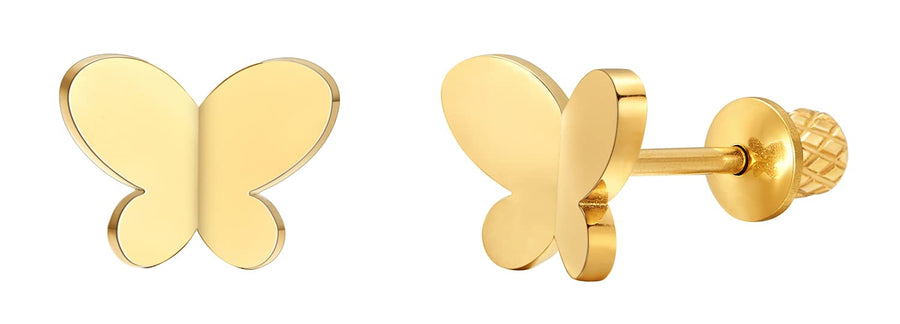 Regetta Jewelry 18K Gold Plated Butterfly Hypoallergenic Stud Earrings for Girls, Stainless Steel, Screw On Safety Backs