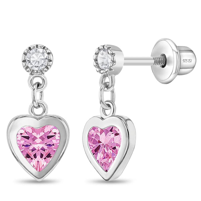 In Season Jewelry CZ Dangle Heart Kids Earrings - 925 Sterling Silver Hypoallergenic Earrings for Girls with Secure Screw Backs - Safe & Comfortable for Toddlers, Kids & Little Girls, Pink