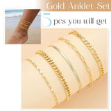 iF YOU Gold Ankle Bracelets for Women, 14k Gold Plated Waterproof Cuban Link Chain Anklets Set, Layered Anklet Bracelets for Women Beach Gift Adjustable Size 5pc