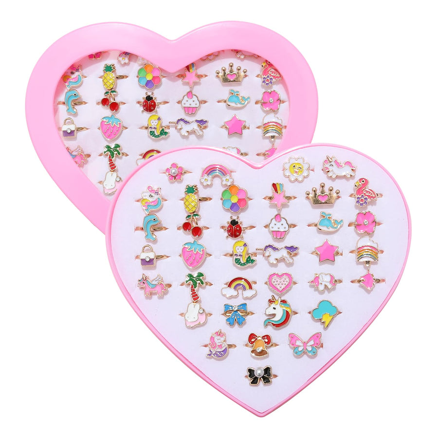 PASEMM 36pcs Little Girl Alloy Jewelry Rings, Adjustable Unicorn Rings Toys, No Duplication Kids Play Ring in Box,Dress Up for 4-12 Year Old Girls, Birthday Christmas Valentine's Day Easter Holiday Gifts