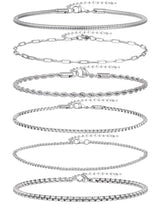 Wrlcorly 6Pcs Stainless Steel Chain Bracelets for Men Women 2mm Cuban Snake Twists Rope Box Beads Paperclip Link Chain Bracelet Sets Jewelry Gifts 7 Inches Length Adjustable