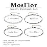 MosFlor Mens Bracelet Silver - 4pcs Mens Chain Cuban Link Bracelet Set Snack Rope Chain Bracelets for Men's Silver Bracelet for Men