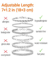 Geveay 6Pcs Stainless Steel Mens Chain Bracelet, Sturdy Curb Width Silver Rope/Figaro/Snake/Cuban Link Chain Bracelet Set Stack Silver Chain Bracelet for Men Women 7+1.2 in(18+3cm)