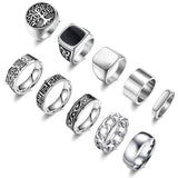 MEDOJO 10 Pcs Men's Stainless Steel Vintage Signet Ring Square Pinky Thumb Chunky Thin Band Ring Vintage Biker Band Rings Set 9