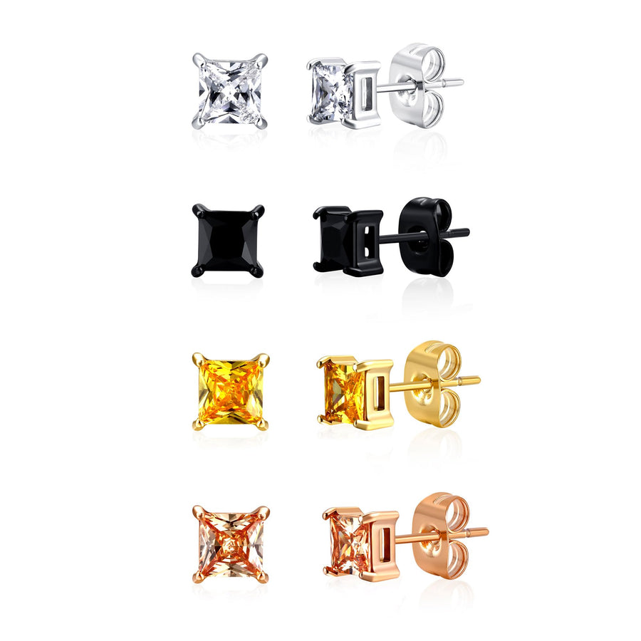 MDFUN Hypoallergenic Diamond Stud Earrings Women Princess CZ 6MM 4 Pairs