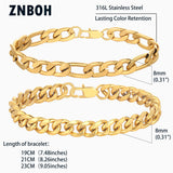 ZNBOH 2Pcs Stainless Steel Bracelets for Men 14K Gold Plated Cuban Link Figaro Rope Silver Chain Bracelet Set Curb Width Sturdy Bracelet 7.5/8.3/9 Inches Jewelry Gifts for Husband