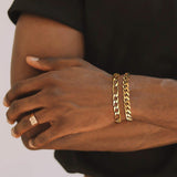 ZNBOH 2Pcs Stainless Steel Bracelets for Men 14K Gold Plated Cuban Link Figaro Rope Silver Chain Bracelet Set Curb Width Sturdy Bracelet 7.5/8.3/9 Inches Jewelry Gifts for Husband