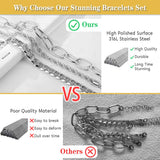 SEEDRILL Silvery Bracelets for Women Waterproof Non Tarnish Jewelry Sets 316L Stainless Steel Chunky Bracelet Stackable Layered Cuban Link Herringbone Rope Chain Bracelets Gifts for Women Trendy