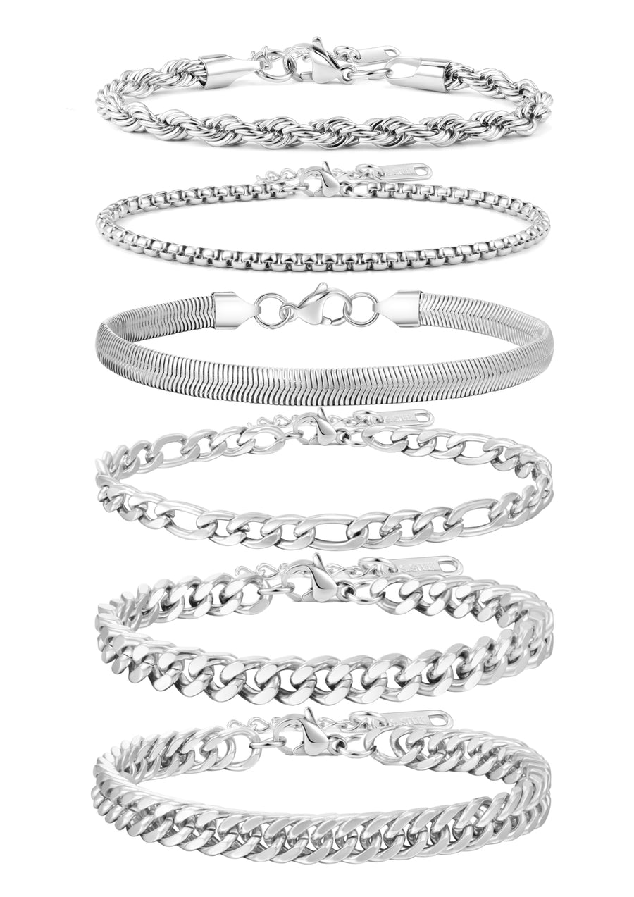 Geveay 6Pcs Stainless Steel Mens Chain Bracelet, Sturdy Curb Width Silver Rope/Figaro/Snake/Cuban Link Chain Bracelet Set Stack Silver Chain Bracelet for Men Women 7+1.2 in(18+3cm)