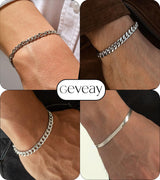 Geveay 6Pcs Stainless Steel Mens Chain Bracelet, Sturdy Curb Width Silver Rope/Figaro/Snake/Cuban Link Chain Bracelet Set Stack Silver Chain Bracelet for Men Women 7+1.2 in(18+3cm)