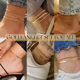 iF YOU Gold Ankle Bracelets for Women, 14k Gold Plated Waterproof Cuban Link Chain Anklets Set, Layered Anklet Bracelets for Women Beach Gift Adjustable Size 5pc