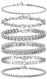 XIANNVXI 6pcs Men Gifts Silver Stainless Steel Bracelets 7.5 Inches