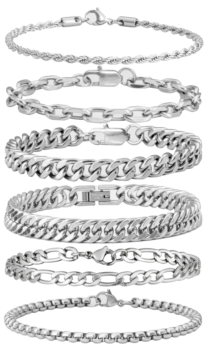 XIANNVXI 6pcs Men Gifts Silver Stainless Steel Bracelets 7.5 Inches