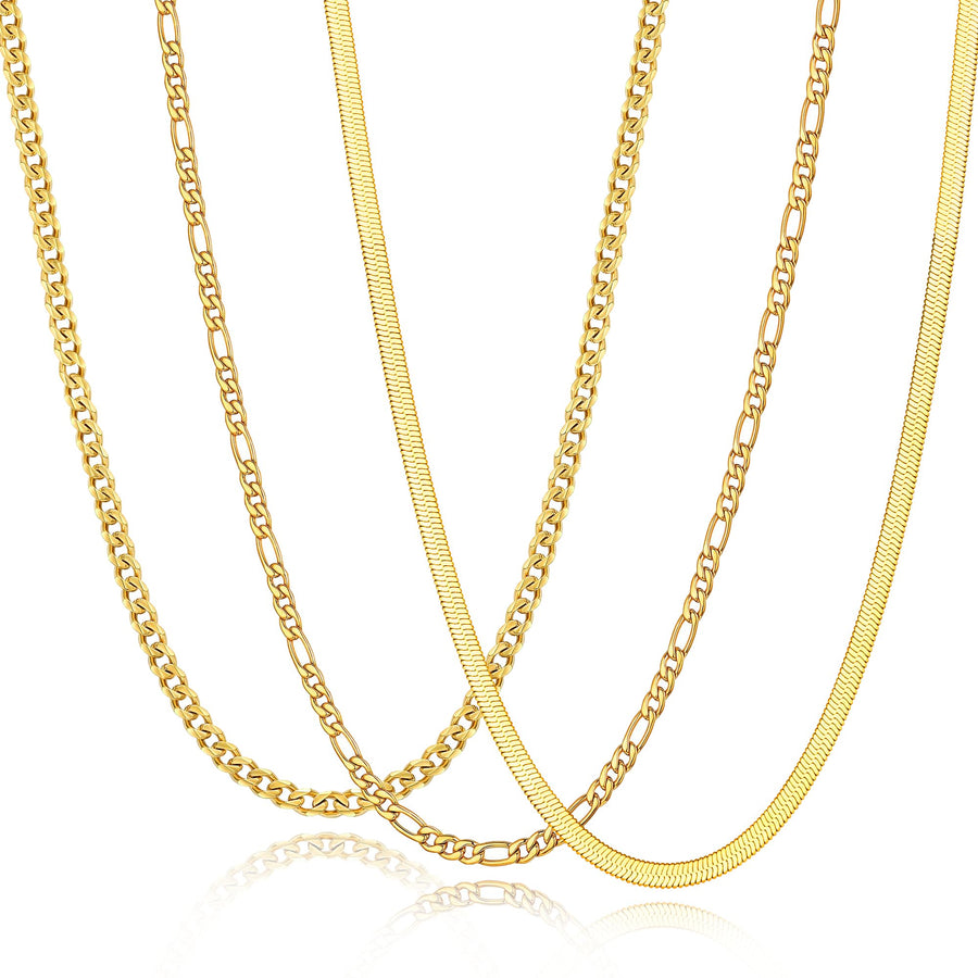 Zocomi Gold Plated Chain Necklaces for Men Boys, Stainless Steel Cuban Figaro Herringbone Link Chains Necklace Set Jewelry Gifts Male Teenage Teen Boys Kids Him Cadenas Para Hombres 18 Inches