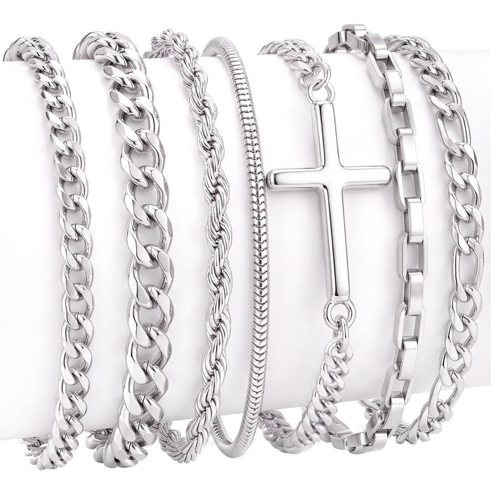 AUREOX Silver Cross Bracelet for Men 7Pcs Stainless Steel Men Bracelet Set