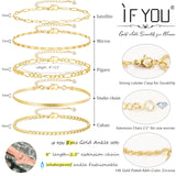 iF YOU Gold Ankle Bracelets for Women, 14k Gold Plated Waterproof Cuban Link Chain Anklets Set, Layered Anklet Bracelets for Women Beach Gift Adjustable Size 5pc