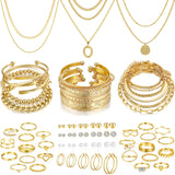 FAXHION 68 Pcs Gold Jewelry Set for Women with 7 Necklace, 17 Bracelet, 5 Hoop Earrings, 15 Stud Earrings, 24 Knuckle Rings for Women Jewelry Set for Women Gift