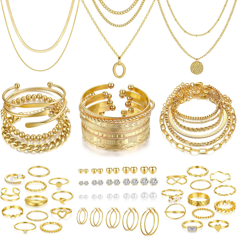 FAXHION 68 Pcs Gold Jewelry Set for Women with 7 Necklace, 17 Bracelet, 5 Hoop Earrings, 15 Stud Earrings, 24 Knuckle Rings for Women Jewelry Set for Women Gift